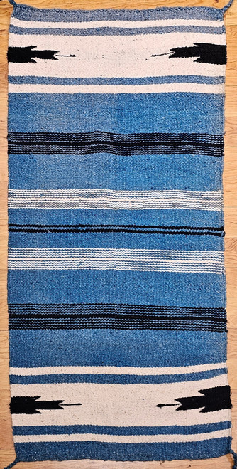Vintage American Southwestern area rug with Persian blue striped field and ivory and black accents, handwoven wool flat weave, @thepersianknot  , SKU 2165