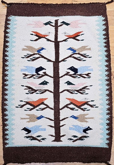 Vintage American Navajo Tree of Life Area Rug in Ivory, Turquoise, Brown,  @thepersianknot  , SKU 2166