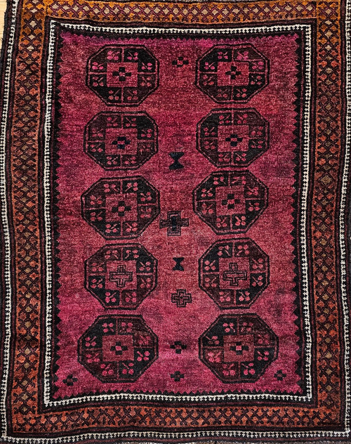 Mid-20th Century Vintage Afghan Bokhara area rug. Hand-knotted. All-over geometric design with "Gul" octagonal medallions on plum/deep burgundy background. Medallions in dark burgundy and midnight blue. Narrow border in burnt orange, ivory, brown. Special shimmering wool with silk feel. Mid-20th Century Vintage Afghan Bokhara area rug. Hand-knotted. All-over geometric design with "Gul" octagonal medallions on plum/deep burgundy background. Medallions in dark burgundy and midnight blue. Narrow border in burnt orange, ivory, brown. Special shimmering wool with silk feel.