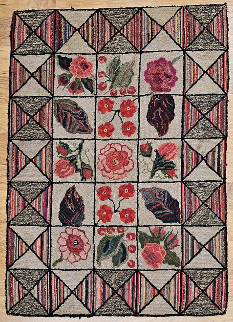 Vintage American Hooked Rug | Grid Block Pattern