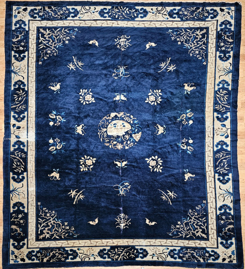Antique Chinese Art Deco Rug 9x11 | Navy Butterfly