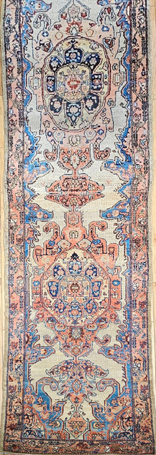 Vintage Persian Malayer long runner. Hand-knotted. Large medallion pattern. Camelhair background. Design colors: blue, green, pink, yellow. Abrash effect from vegetable dyes. Light salmon border. Reminiscent of Kurdish rugs.
