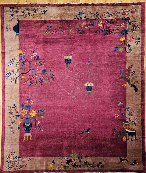 Antique Chinese Art Deco Rug 9x12 | Magenta Butterfly