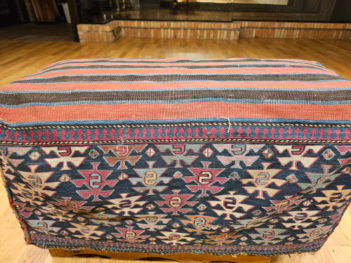 Antique Shahsavan Soumak Mafrash saddlebag with four woven panels and kilim base in rich geometric tribal patterns, The Persian Knot Gallery, SKU: 2333