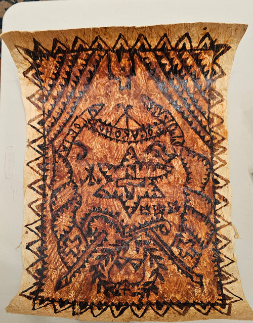 Early 20th century Samoan tapa bark cloth with abstract black hand-painted motifs on natural bark fiber, antique Oceanic textile wall hanging, The Persian Knot Gallery, SKU: 2336