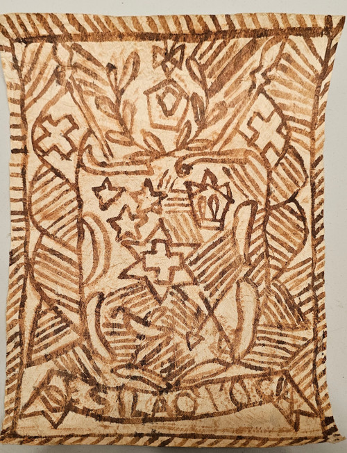Early 20th century Samoan tapa bark cloth with abstract black hand-painted motifs on natural bark fiber, antique Oceanic textile wall hanging, The Persian Knot Gallery, SKU: 2337