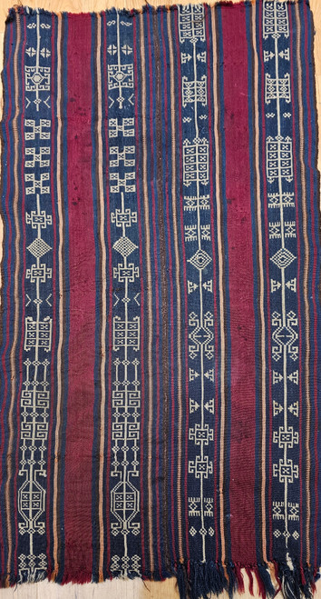 19th century Persian Shahsavan Soumak kilim with red, ivory, and indigo stripes and Kufic geometric motifs, handwoven from fine wool, The Persian Knot Gallery, SKU: 2345