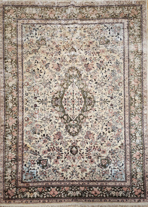 Vintage Indian Silk Rug | Floral Medallion Forest Green