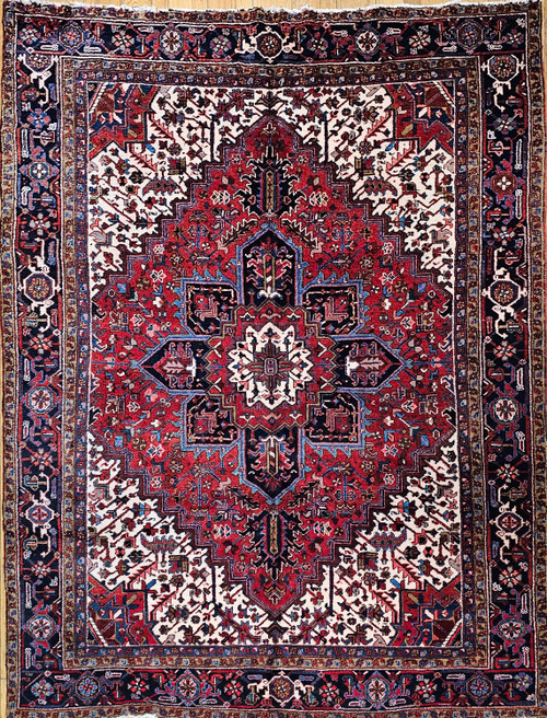 Vintage Persian Heriz Rug 8x10 | Navy Medallion Red