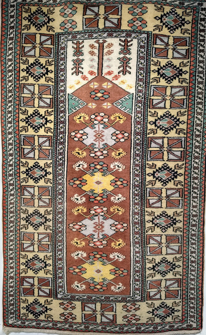 TMid-century Melas Turkish prayer rug with mihrab design in natural earth tones, The Persian Knot Gallery, SKU: 1476