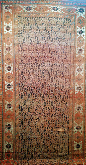 Mid 19th century Persian Afshar tribal gallery rug with allover paisley boteh pattern on navy blue field and ivory geometric border, The Persian Knot Gallery, SKU 1002