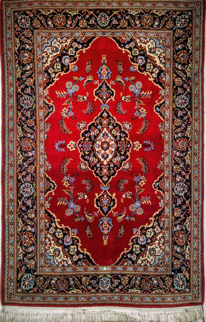 Vintage Persian Kashan Rug 4x5 | Shimmering Red Field
