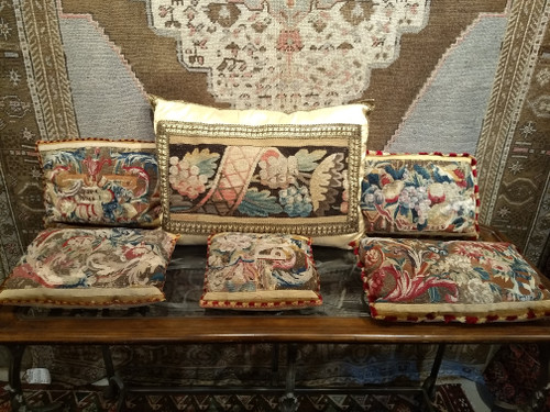 Aubusson Tapestry Pillows 1439, 10” x 10” x 5" to 15” x 23” x 5", Early 1700s, France, The Persian Knot