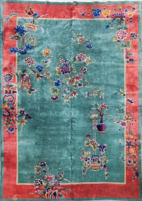 Vintage Chinese Art Deco Room Size Rug in Floral Pattern in Green, blue, Pink, Lavender, The Persian Knot, SKU 1716