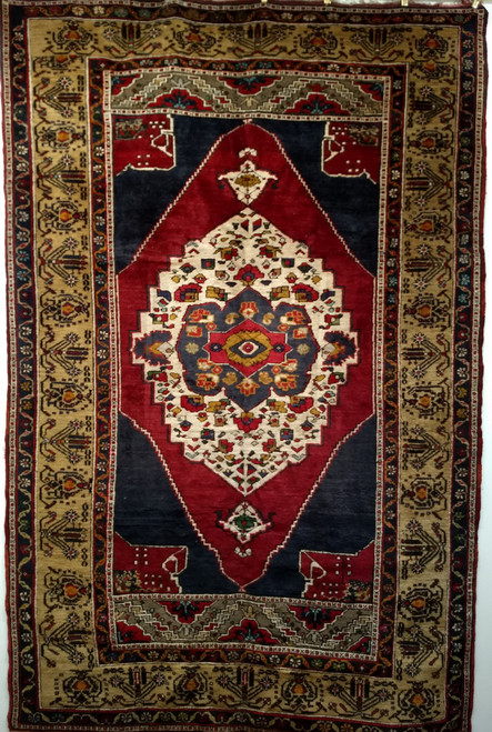 Vintage Turkish Oushak in Medallion Pattern in Blue, Red, Gray, Camel, The Persian Knot, SKU 1013