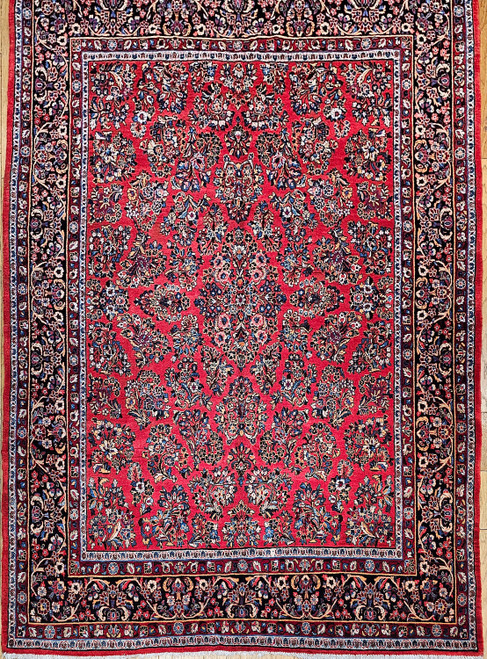 Vintage Near Square Size Persian Sarouk in Allover Floral Pattern in Red, Navy, French Blue, Yellow, pink , The Persian Knot, SKU 1091