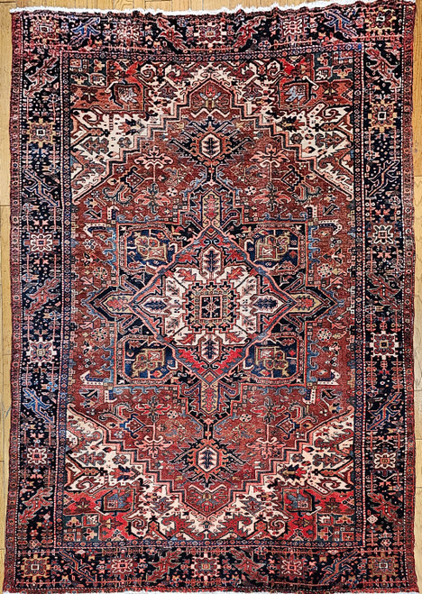 Vintage Persian Heriz Karajah Room Size Rug in Medallion Pattern in Brick, Ivory, Pink, Green, The Persian Knot, SKU 1095
