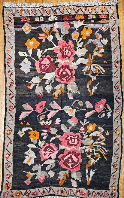 Vintage Karabagh Kilim Runner with Large Floral Pattern in Dark Chocolate, Khaki, Red, Pink, The Persian Knot, SKU 1134 Vintage Karabagh Kilim Runner with Large Floral Pattern in Dark Chocolate, Khaki, Red, Pink, The Persian Knot, SKU 1134