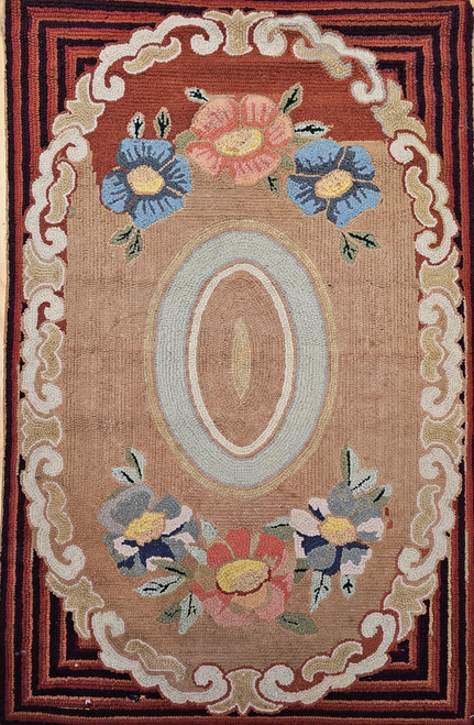 Vintage American hand-hooked rug with floral design in ivory, green, blue, and brown, handcrafted in New England in the early 1900s, The Persian Knot Gallery, SKU: 1447