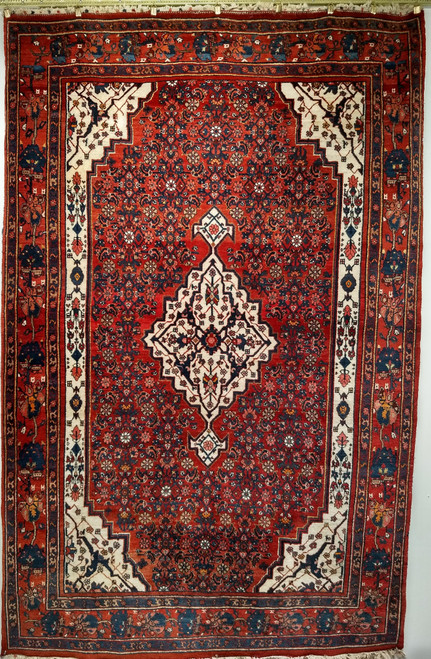 Antique Persian Bidjar Area Rug, Wool Pile, Red & French Blue, 1920s,  @thepersianknot  , SKU 1117