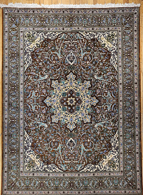 Vintage Persian Tabriz in a Floral Pattern with “Firebird” Design in Brown, Turquoise, Pink, Blue, The Persian Knot, SKU 1198