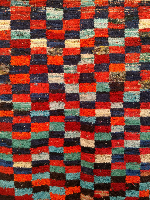 Vintage Handwoven Moroccan Boucherouite Shag Rug in Aqua Blue, Navy, Red, Orange, The Persian Knot, SKU 1535