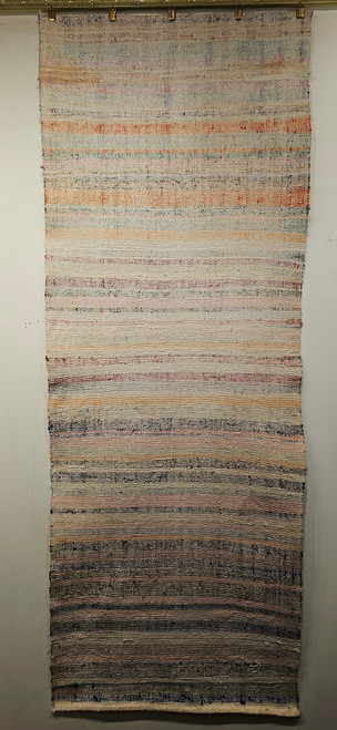 Flat-woven vintage American rag runner with colorful handwoven stripes in pink, blue, green, yellow, red, brown, and gray – made from repurposed textiles, The Persian Knot Gallery, SKU: 1497