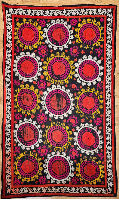 Vintage Uzbek Suzani Silk Embroidery in Black, Ivory, Yellow, Red,  @thepersianknot  , SKU 1670