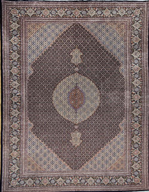 Vintage Persian Tabriz Mahi Room Size Rug in a Geometric Herati Pattern in Navy, Ivory