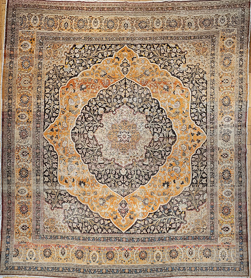 Vintage Oversized Persian Tabriz in Floral Pattern in Coral, Brown, Honey, Blue , The Persian Knot, SKU 1377