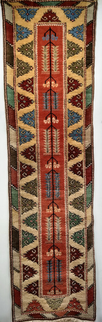 Vintage Turkish Oushak runner with terracotta red field, geometric arrow motifs, and colorful border in yellow, green, blue, pink, and brown,  @thepersianknot  , SKU 1575
