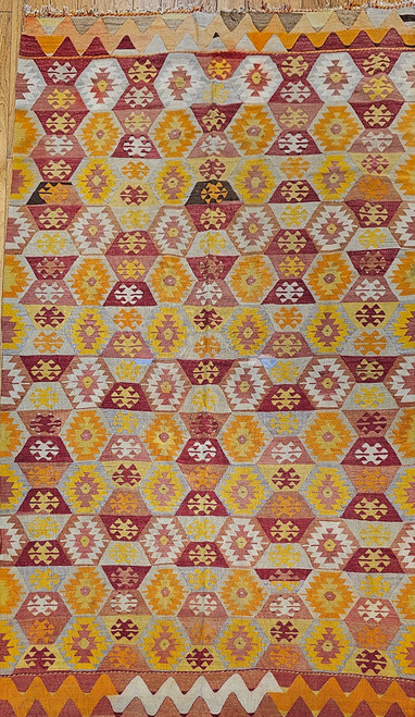 Vintage Room Size Turkish Kilim in Allover Pattern with Autumn Colors of Red, Yellow, Orange, Ivory, The Persian Knot, SKU 1138 Vintage Room Size Turkish Kilim in Allover Pattern with Autumn Colors of Red, Yellow, Orange, Ivory, The Persian Knot, SKU 1138