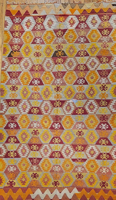 Vintage Room Size Turkish Kilim in Allover Pattern with Autumn Colors of Red, Yellow, Orange, Ivory, The Persian Knot, SKU 1138