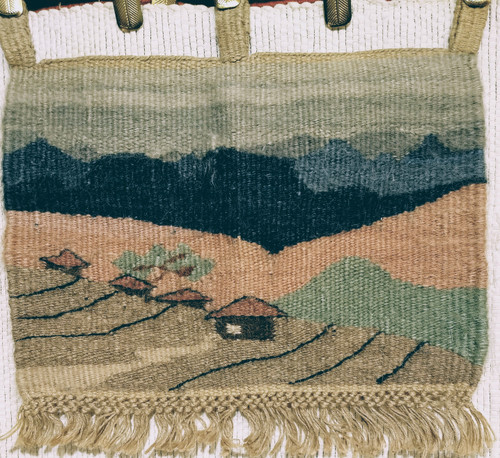 Vintage Hand Woven African Tapestry Depicting Mountain Landscape Scene 1560, 16” x 17”,  3rd Quarter of the 1900s