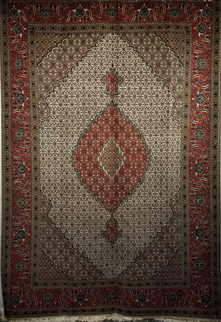 Mid-20th Century Vintage Persian Tabriz "Mahi" room-size rug. Hand-knotted. Rare ivory color field with classic Mahi/Herati floral design. Red border. Dark and light chocolate corners. Artisan workshop weave from Northwest Persia.
