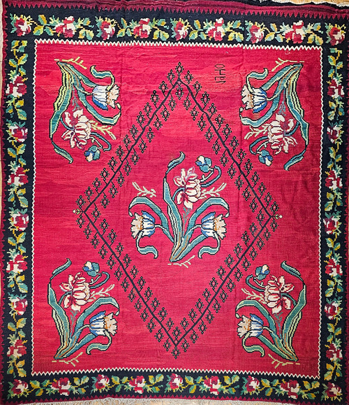 Vintage Bessarabian Kilim with Large Floral Pattern in Red, Black, Green, Blue, The Persian Knot, SKU 1360
