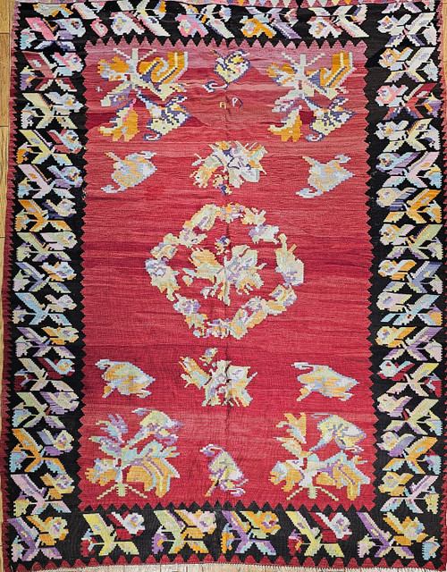 Vintage Karabagh room-size kilim with floral pattern in red, green, pink, and ivory, early 20th-century Caucasian flatweave, The Persian Knot, SKU 1407 Vintage Karabagh room-size kilim with floral pattern in red, green, pink, and ivory, early 20th-century Caucasian flatweave, The Persian Knot, SKU 1407