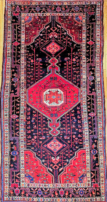 Vintage Persian Hamadan Village Rug with Geometric Medallion in Dark Blue, Red, and Cream,  @thepersianknot  , SKU 1330