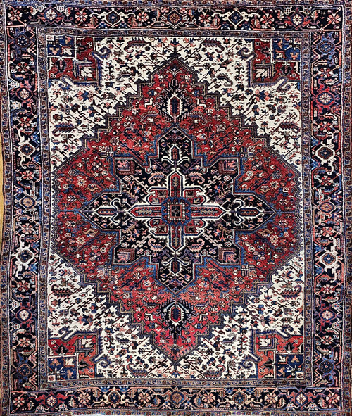Vintage Persian Heriz in Geometric Medallion in Rust-Red, Navy, Ivory, French Blue, The Persian Knot, SKU 1193