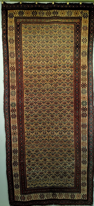 Late 19th Century Antique Persian Kurdish Bidjar area rug. Hand-woven. Allover paisley "seed of life" small flower pattern. Pale yellow field. Colors: ivory, pink, blue. Cream primary border and rust red sub-borders.