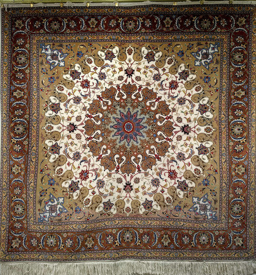 Rare square Tabriz rug featuring a cream field, chocolate and dark red borders, silk highlights, and a central medallion—handwoven in one of Tabriz’s finest workshops.