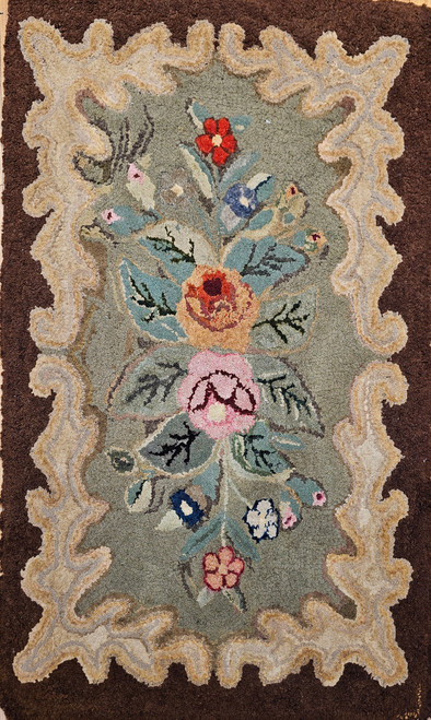 Early American hand-hooked floral rug from New England in rich vintage colors with a brown border, suitable as decorative wall art, The Persian Knot Gallery, SKU: 1451