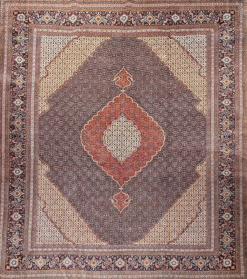 Antique Persian Tabriz Mahi Rug 12x14 | Fish Design | Full View on Floor
