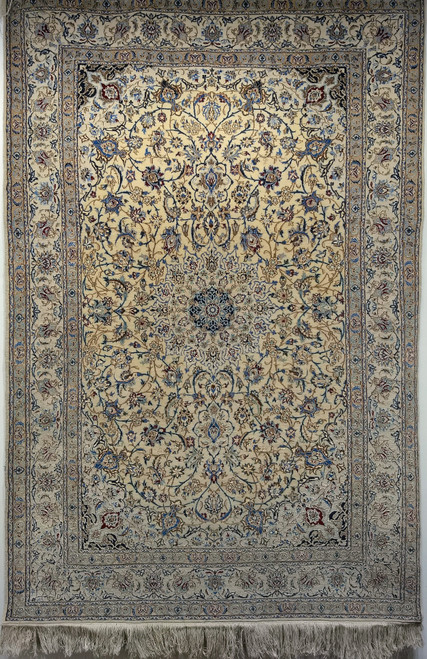Mid-20th Century Persian Nain Area Rug in Pale Yellow, Ivory, Blue with Silk Highlights, The Persian Knot Gallery, SKU: 1204