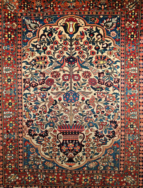 Late 19th Century Antique Persian Bakhtiari Bibibaft area rug. Hand-woven. Over 150 years old. Rare near-square size. Vase pattern (Garden of Paradise) with birds on branches. Pale yellow field. Red border. French blue corners. Extremely tight weave (Bibi