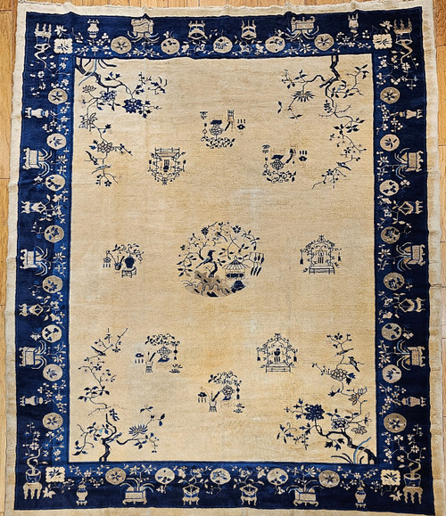 Antique Chinese Peking Rug, Wool Pile, Tan Field, Navy Border, The Persian Knot Gallery, SKU 1025