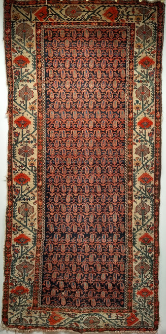 19th Century Antique Kurdish village rug. Hand-woven. All-over paisley design in blue and green.