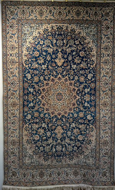 Vintage Persian Nain in Floral Pattern with Silk Highlights in French Blue, Cream 1205, The Persian Knot, SKU 1205 Vintage Persian Nain in Floral Pattern with Silk Highlights in French Blue, Cream 1205, The Persian Knot, SKU 1205