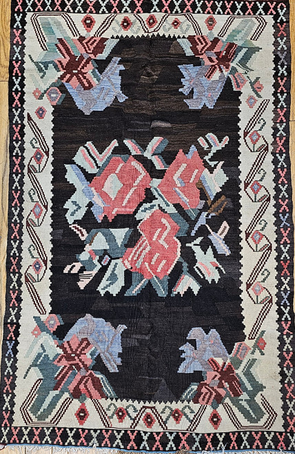 Vintage Karabagh Area Rug Kilim in Floral Pattern in Dark Brown, Black, Ivory, Red, Pink, Green, Blue, The Persian Knot, SKU 1143 Vintage Karabagh Area Rug Kilim in Floral Pattern in Dark Brown, Black, Ivory, Red, Pink, Green, Blue, The Persian Knot, SKU 1143
