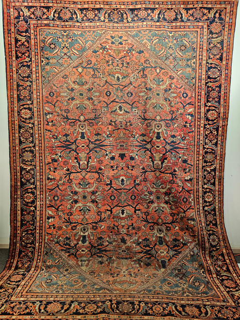 Vintage Persian Mahal Sultanabad in Large Allover Pattern in Rust Red, Turquoise, Navy, Ivory, The Persian Knot, SKU 1088